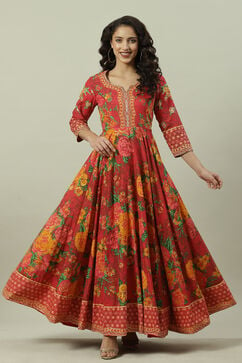 Red Cotton Flared Fusion Printed Dress image number 0