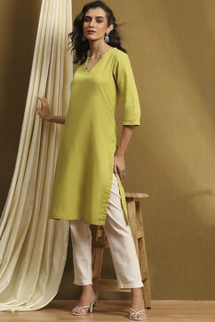 Green Cotton Blend Solid Straight Kurta image number 0