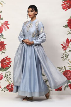 Rohit Bal Powder Blue Cotton Blend Anarkali Kurta Suit Set image number 5