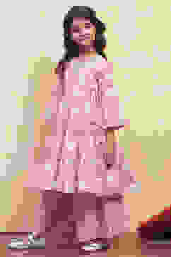 Pink Cotton Angrakha Tiered Kurta Set image number 3