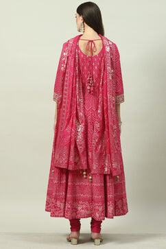 Pink Cotton Anarkali Kurta Churidar Suit Set image number 4
