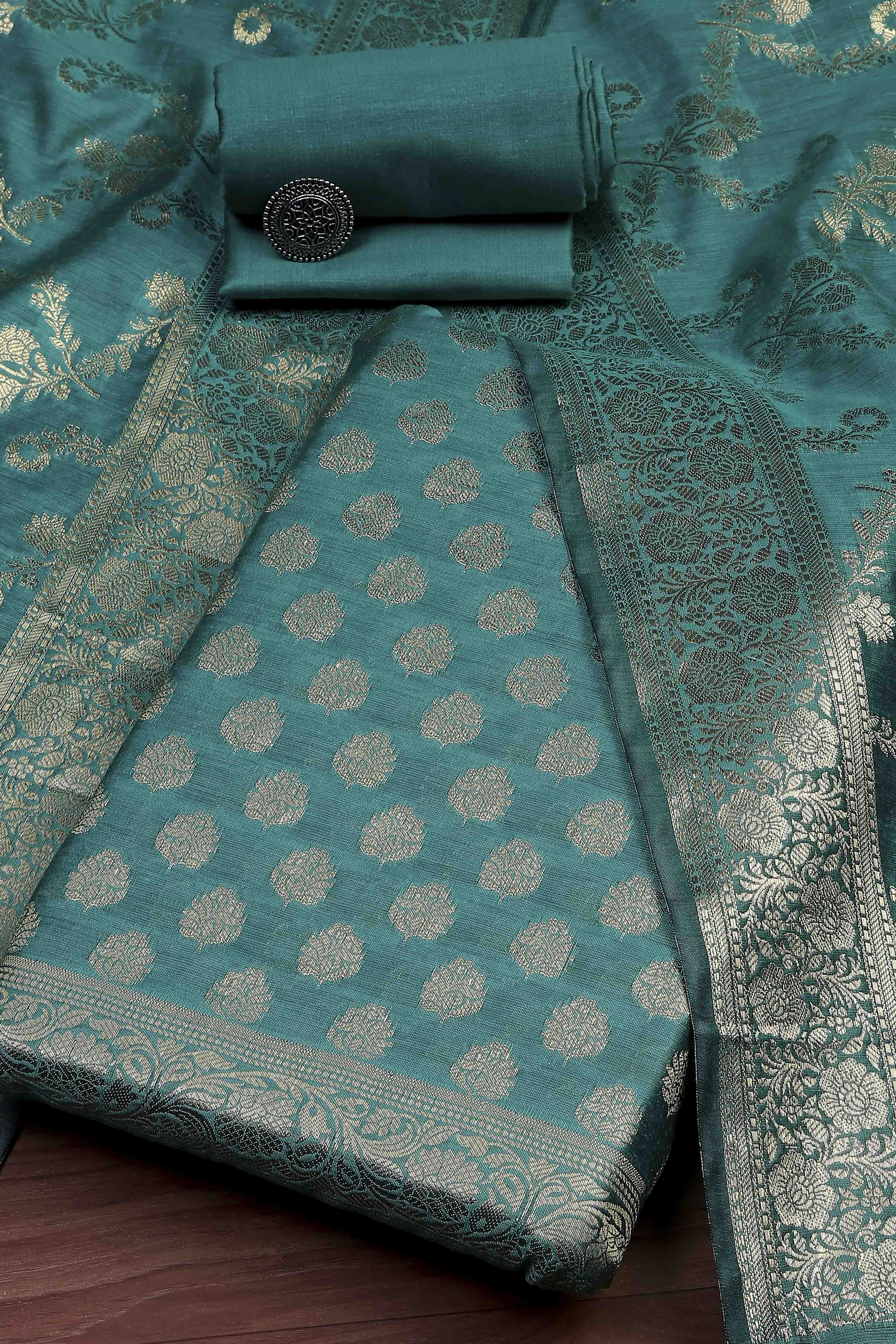 Teal Cotton Printed Embroidered Unstitched Suit Set image number 0
