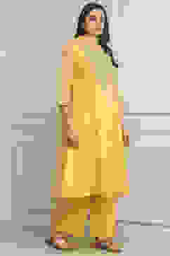 Yellow Poly Chanderi Straight Suit Set image number 4