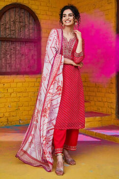 Red Viscose Straight Suit set image number 7