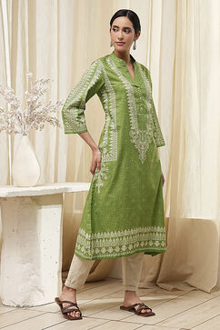 Green Cotton Printed Straight Kurta image number 4
