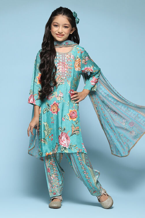 Turquoise Viscose Straight Printed Kurta Salwar Suit Set image number 0
