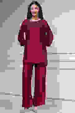 Red Self-Designed Straight Kurta Set image number 6