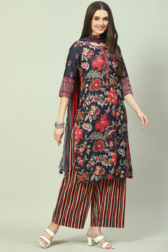 Charcoal Cotton Straight Kurta Palazzo Suit Set image number 7