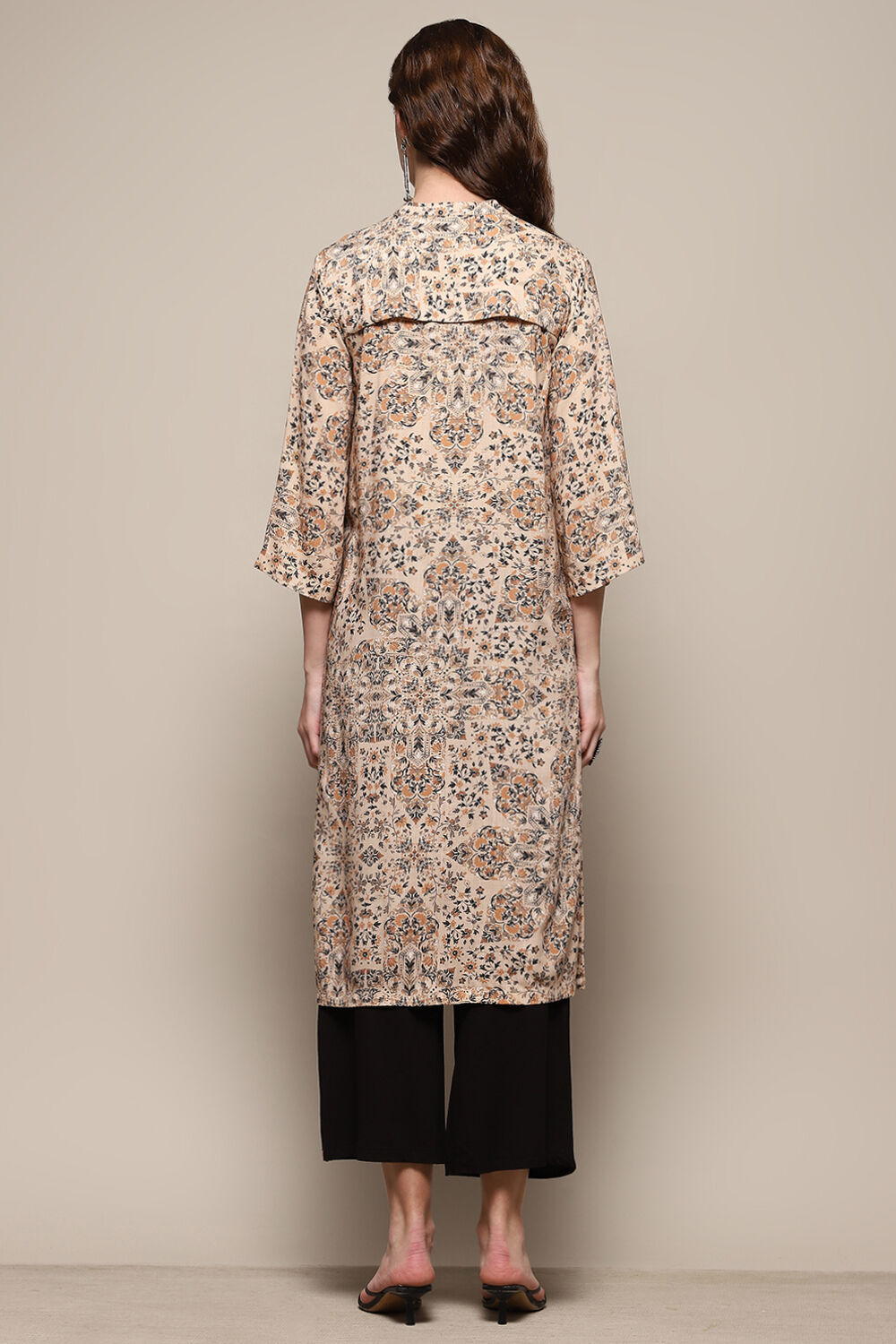 Beige & Black Rayon Printed Straight Kurta image number 3