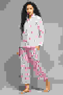 Off White & Pink Cotton Printed 2 Piece Sleepwear Set image number 3