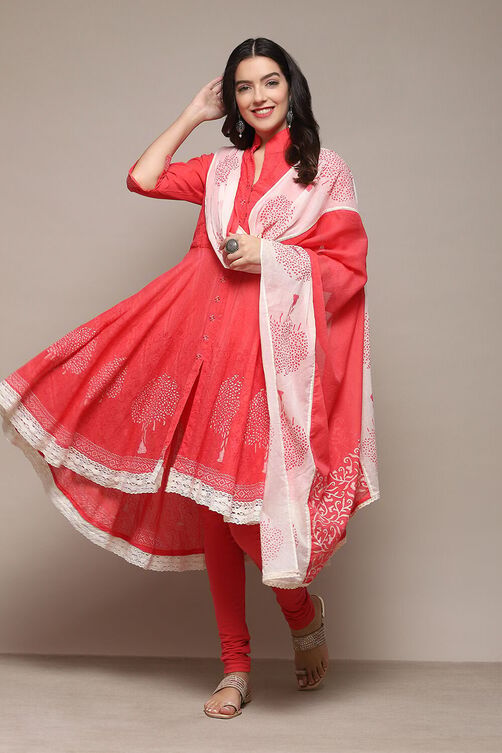 White Cotton Asymmetric Anarkali & Churidar Suit Set image number 0