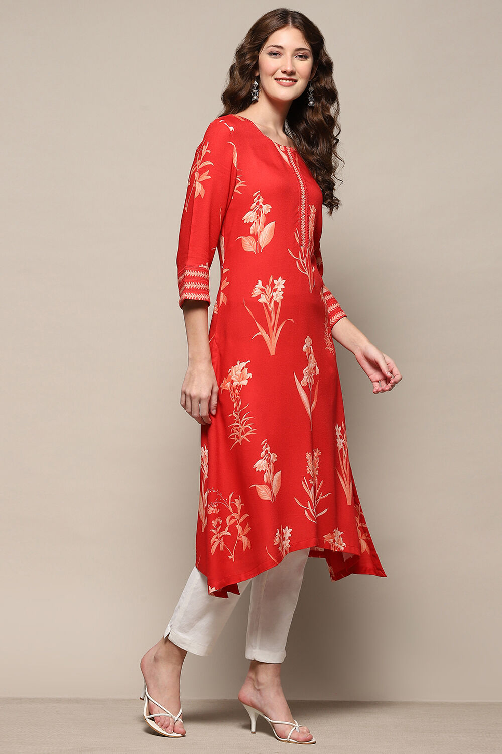 Orange Rayon Printed Asymmetric Kurta image number 4
