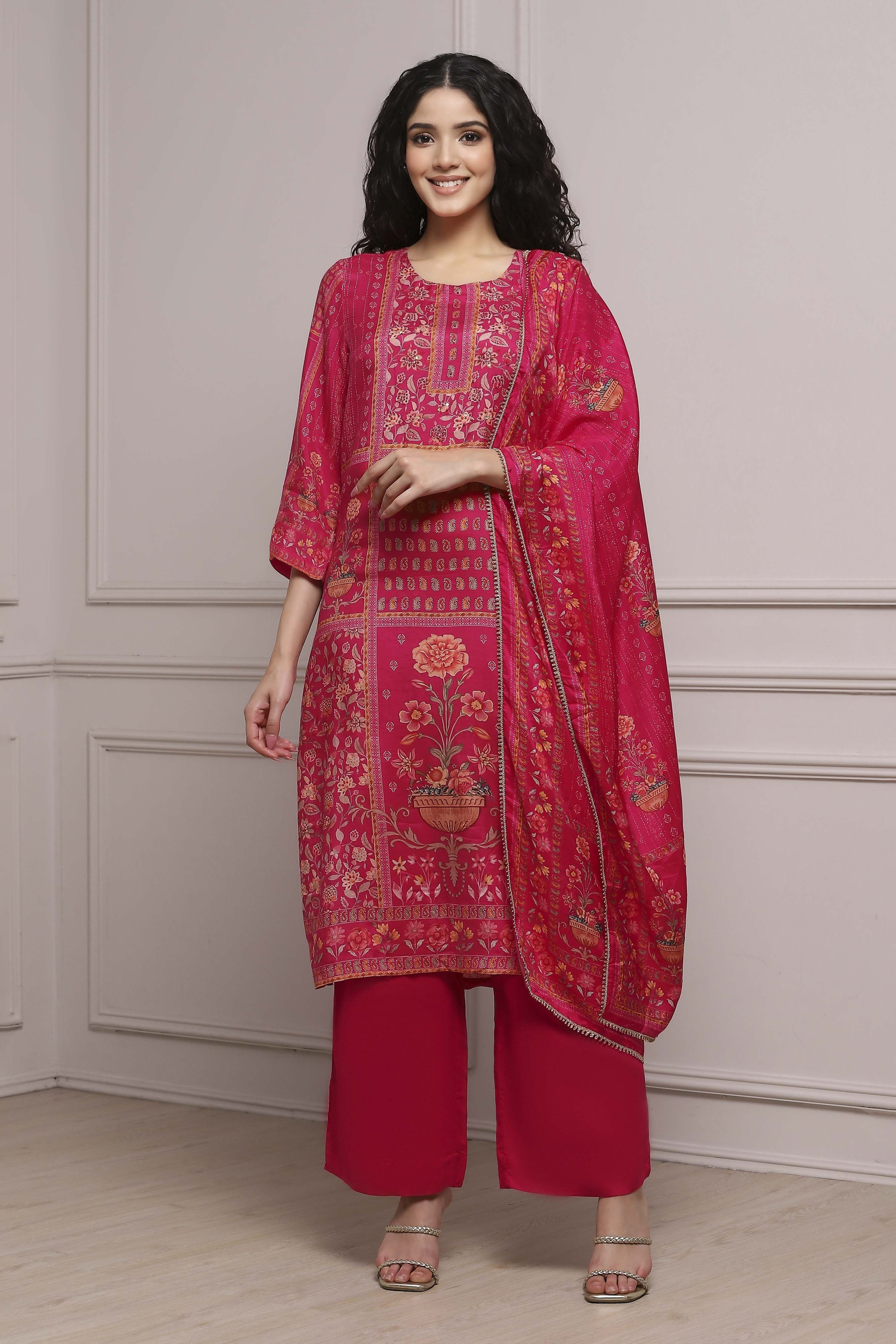 Pink Printed Straight Suit Set image number 6