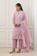 Pink Chanderi Lace Trim Floral Straight Suit Set image number 3