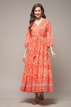 Orange Rayon Tiered Dress image number 1