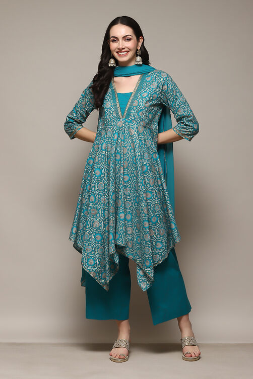 Turquoise Cotton Anarkali Kurta Palazzo Suit Set image number 7