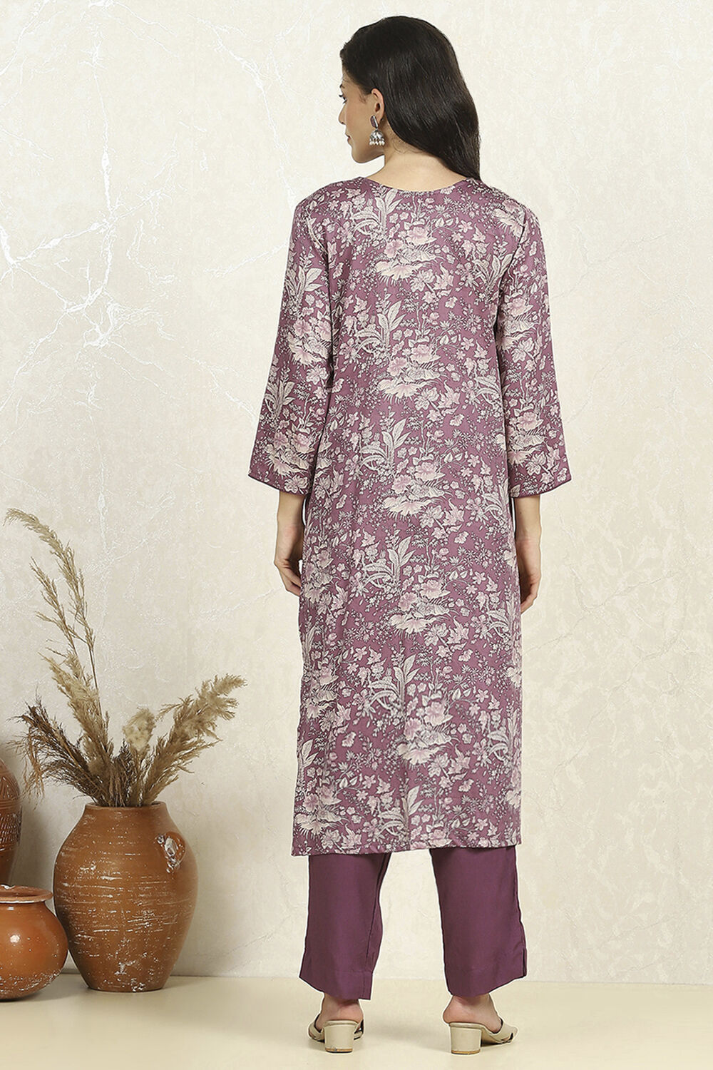 Purple Cotton Floral Printed Unstitched Suit Set image number 5