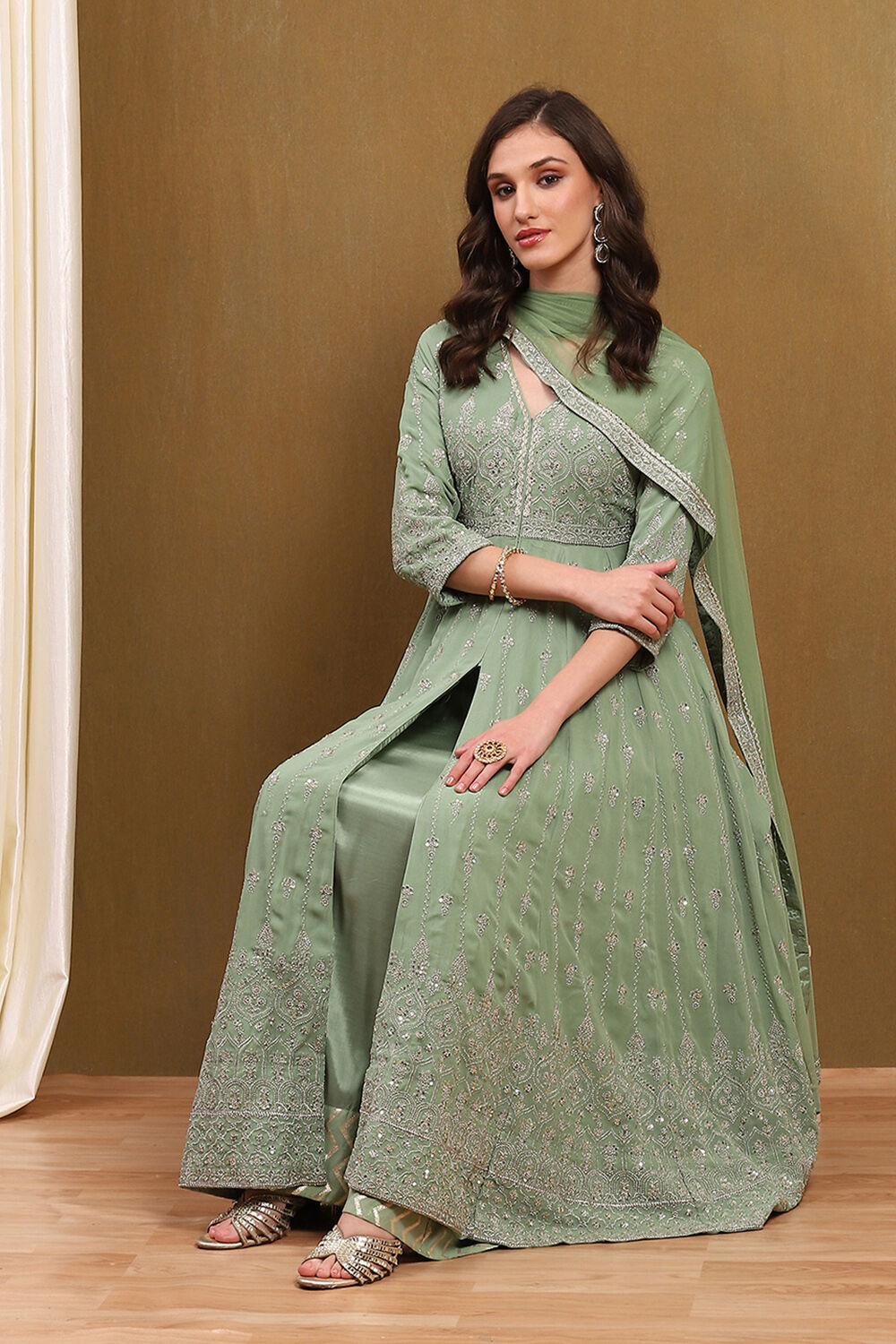 Green Viscose Georgette Anarkali Suit Set at Biba India