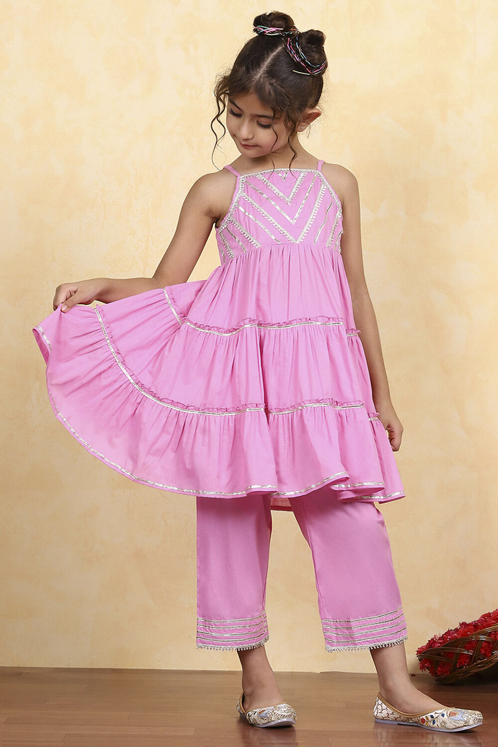 Pink Cotton Solid Tiered Kurta Set image number 6