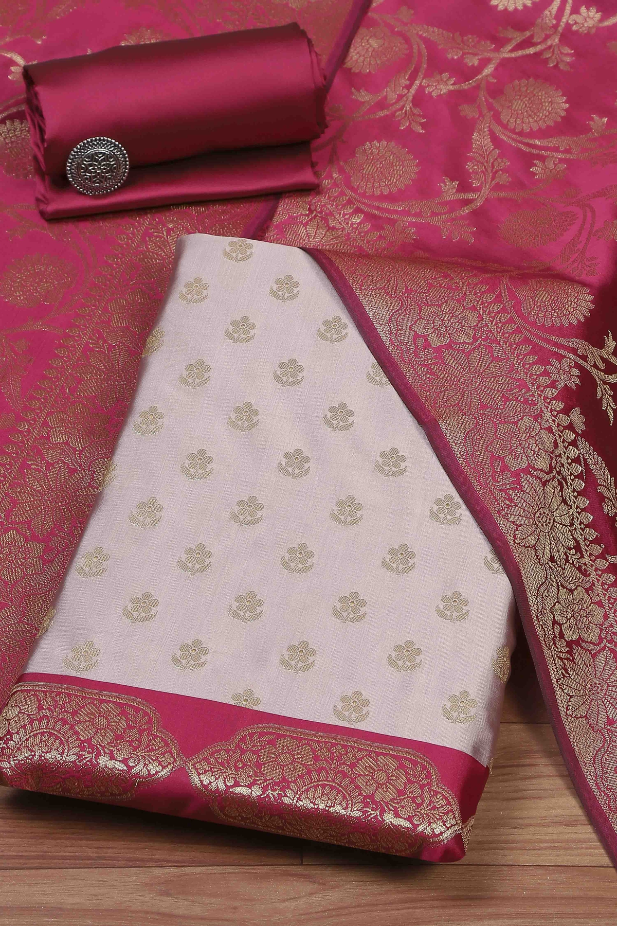 Pink Cotton Printed Embroidered Unstitched Suit Set