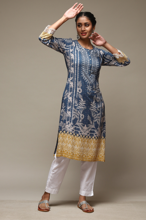 Denim Blue Rayon Straight Printed Kurta