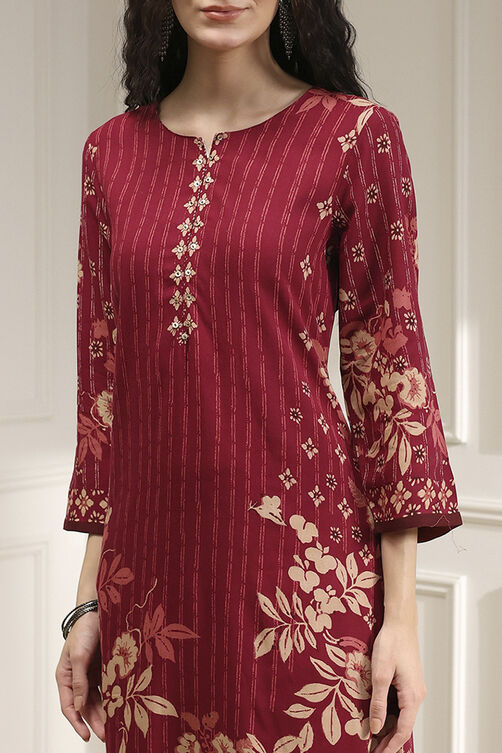 Berry Maroon Printed Straight Kurta image number 1
