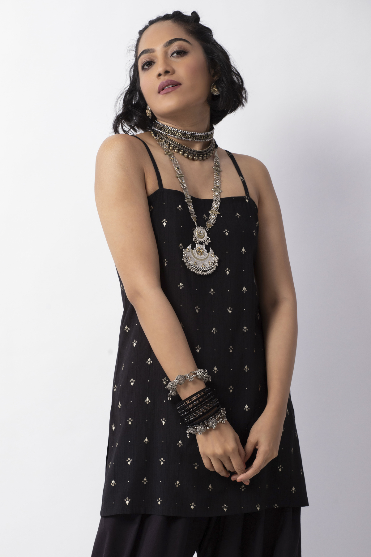 Black Cotton Printed Sleeveless Short Kurti