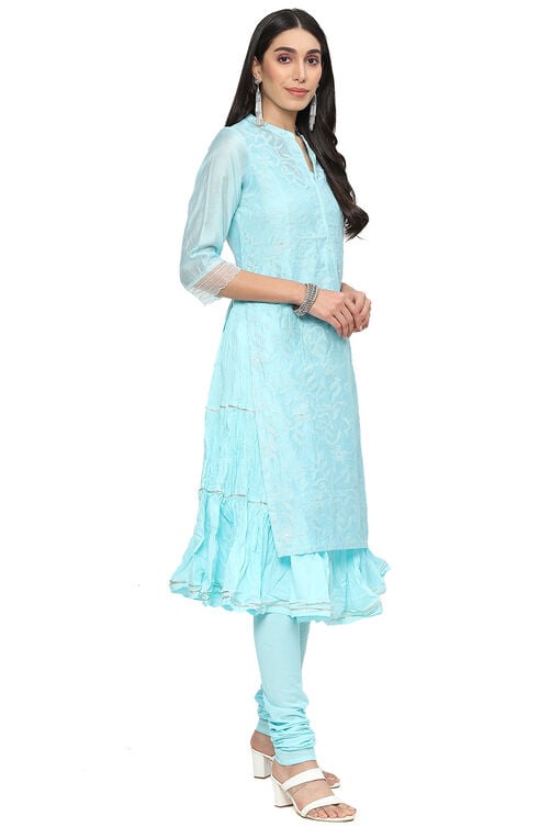 Turquoise Cotton Blend Layered Kurta Churidar Suit Set image number 7
