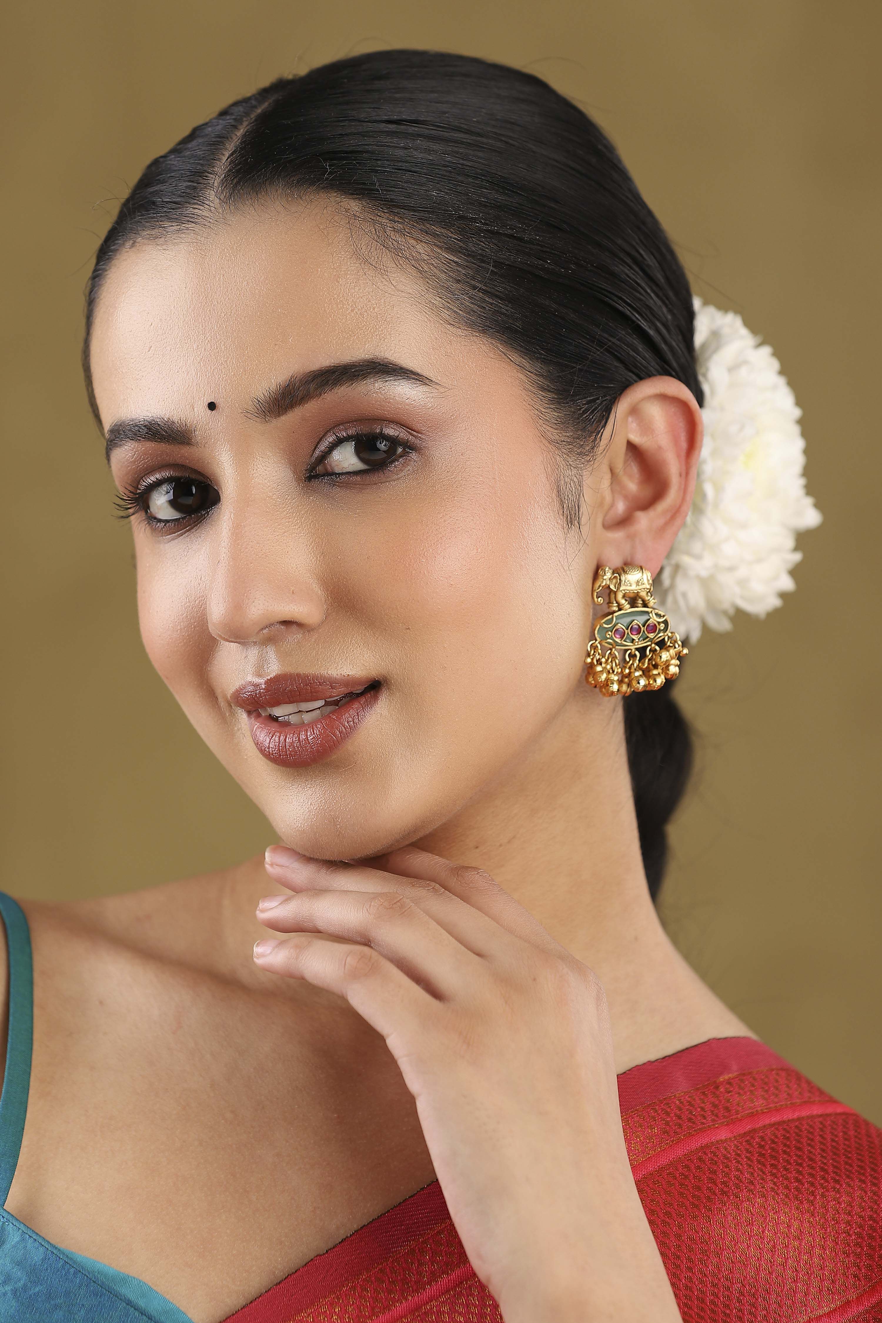 Green Gold Plated Brass Studded Drop Earrings image number 5
