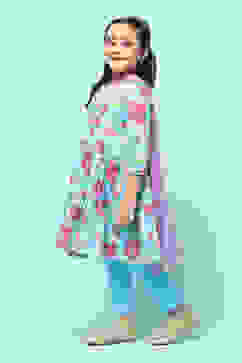 Turquoise Cotton Tiered Printed Suit Set image number 4