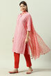 Red Printed Cotton Straight Kurta Slim Pant Suit Set image number 3