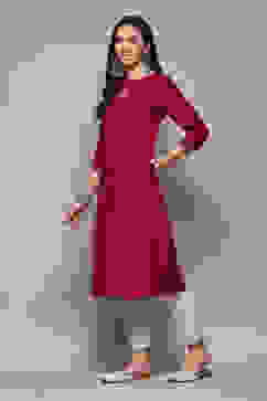 Berry Poly Viscose Straight Yarndyed Kurta image number 2