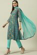 Blue Printed Straight Kurta Regular Pants Suit Set image number 5