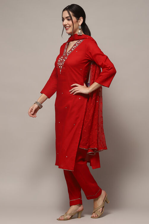 Red Cotton Unstitched Suit set image number 5