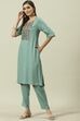 Navy Solid LIVA Straight Kurta Slim Pant Suit Set image number 5