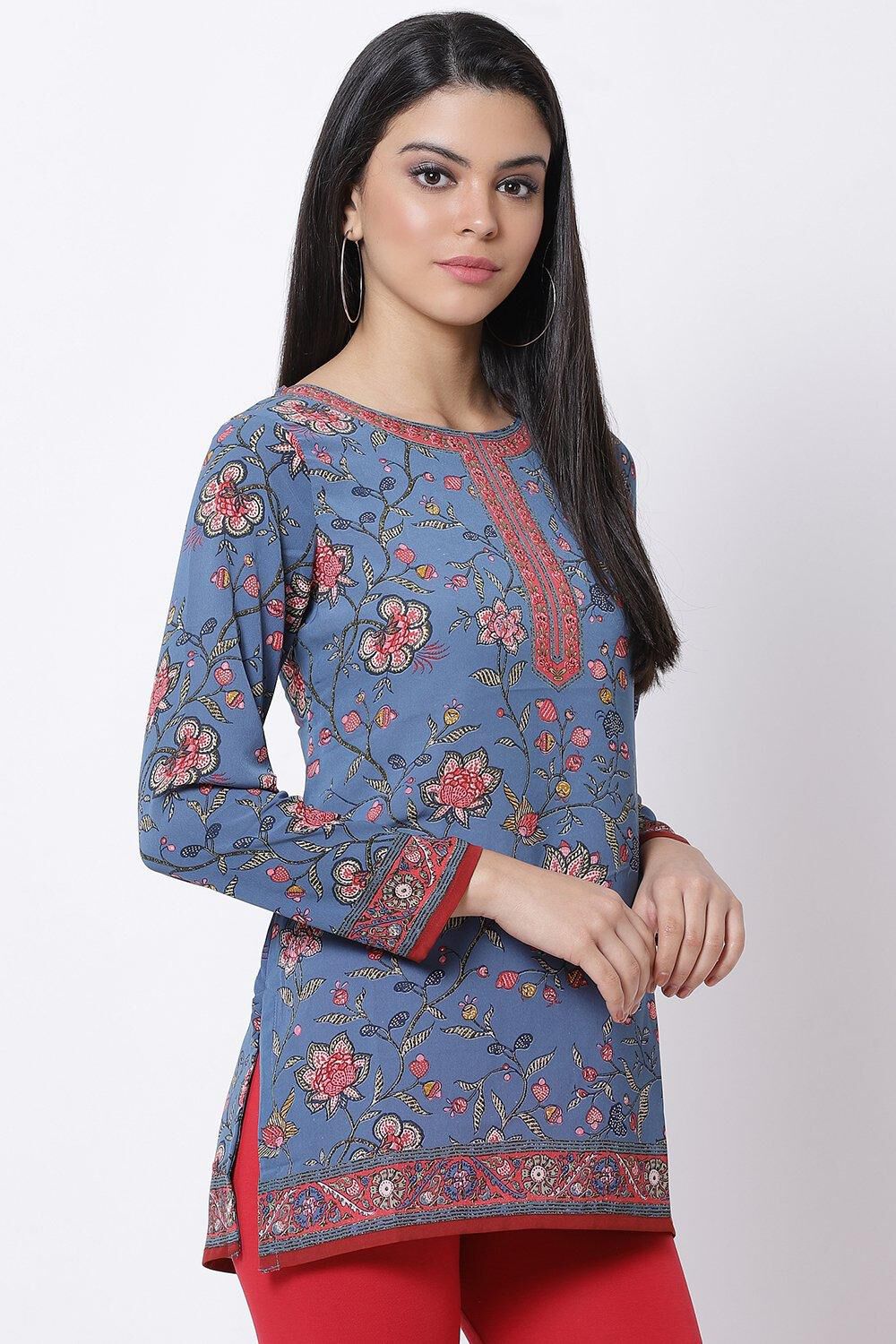 Blue Art Silk Straight Printed Kurti image number 3