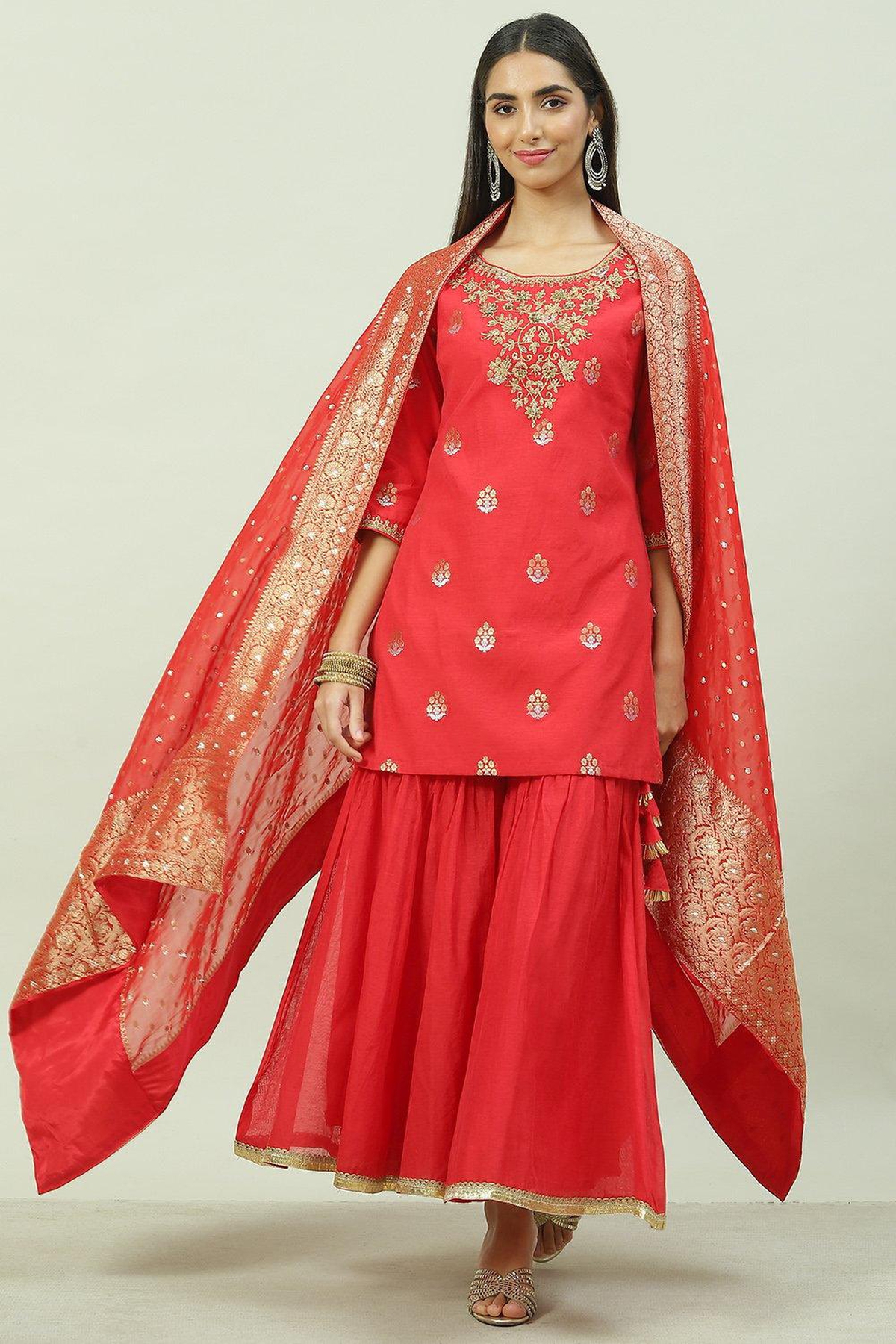 Red Art Silk Straight Kurta Garara Suit Set