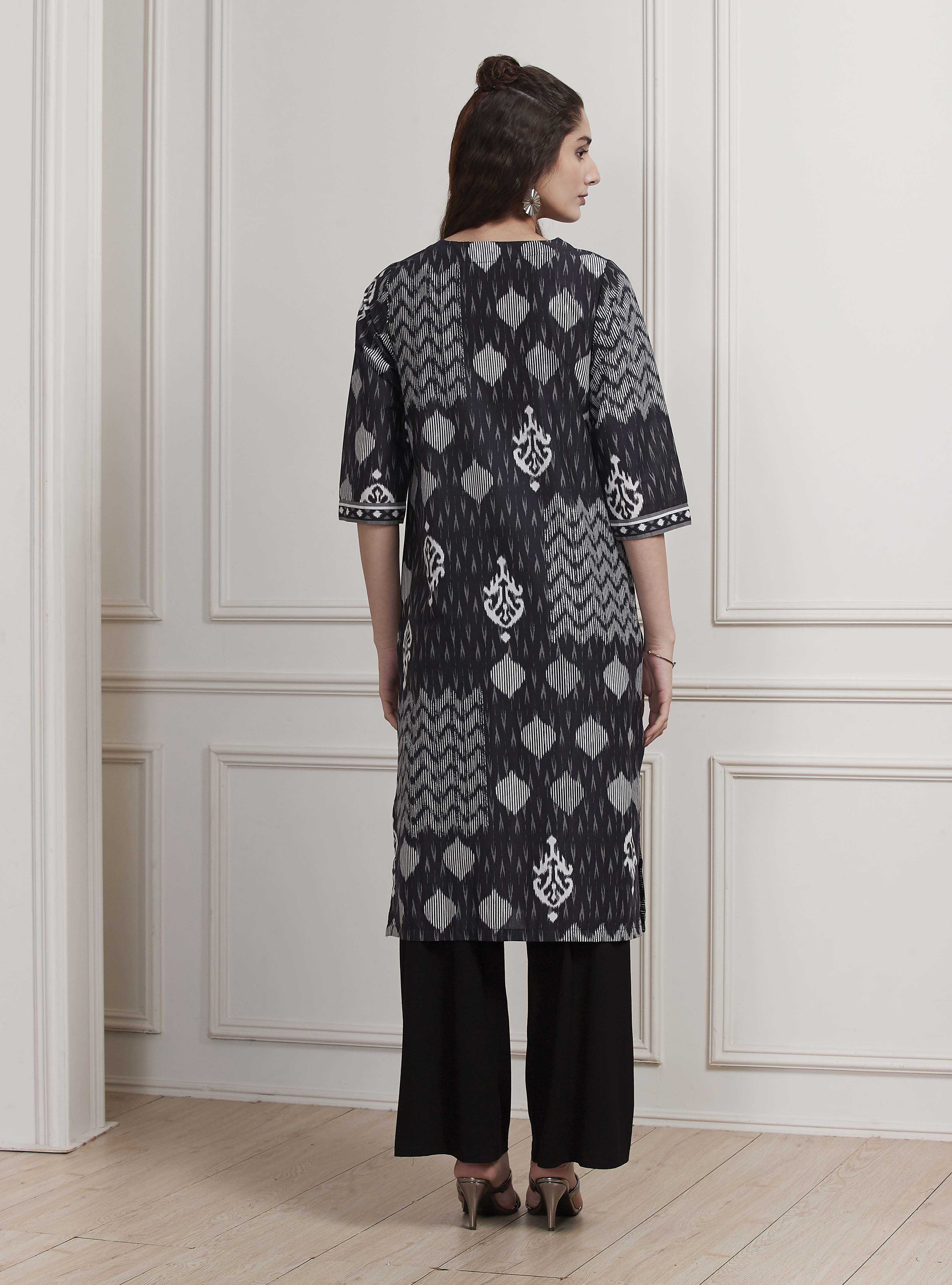 Black Cotton Printed Straight Kurta image number 3
