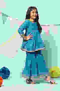 Blue Cotton Gathered Printed Suit Set image number 6