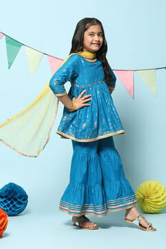 Blue Cotton Gathered Printed Suit Set image number 6