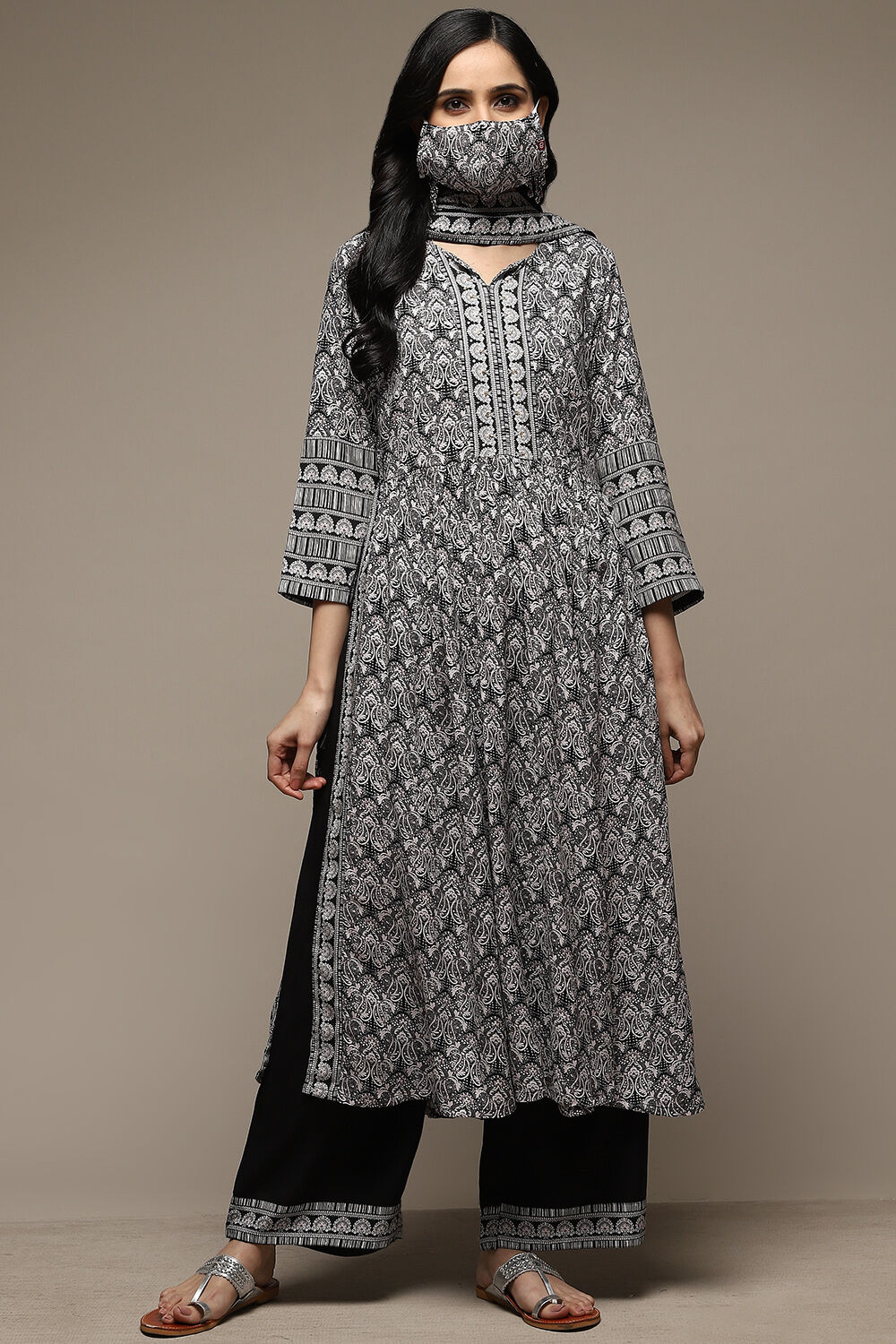 Black Rayon Gathered Kurta Palazzo Suit Set