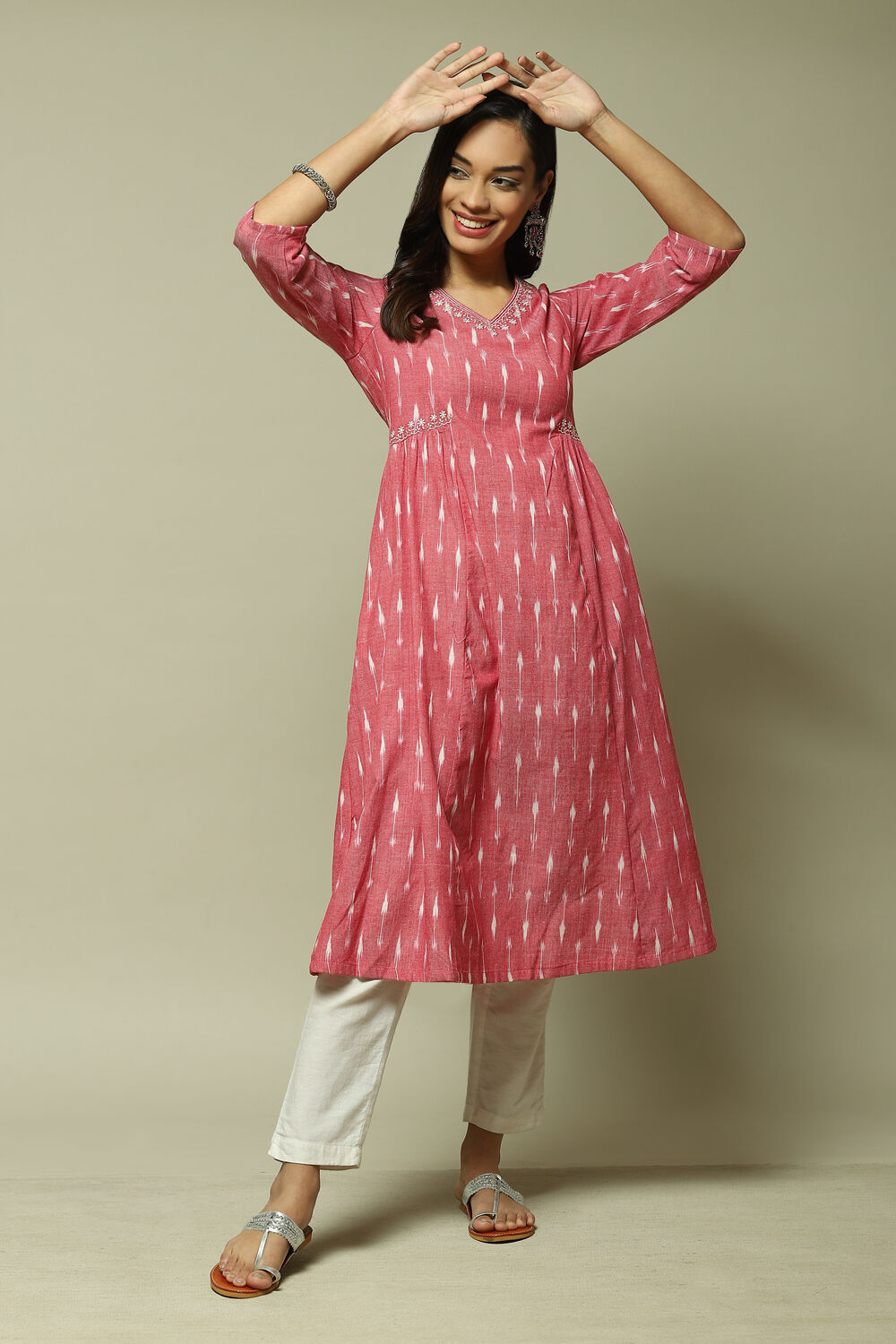 Red Cotton IKAT Flared Yarndyed Kurta image number 0