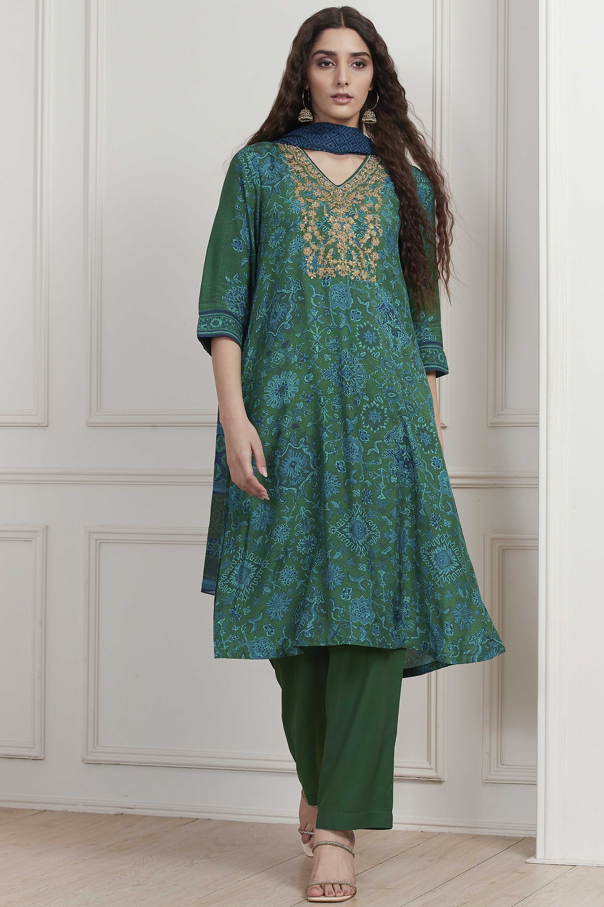 Green Modal Printed Straight Suit Set