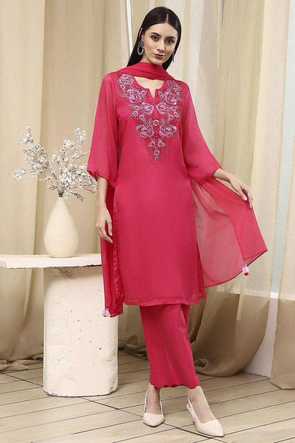Fuchsia Embroidered Straight Suit Set image number 7