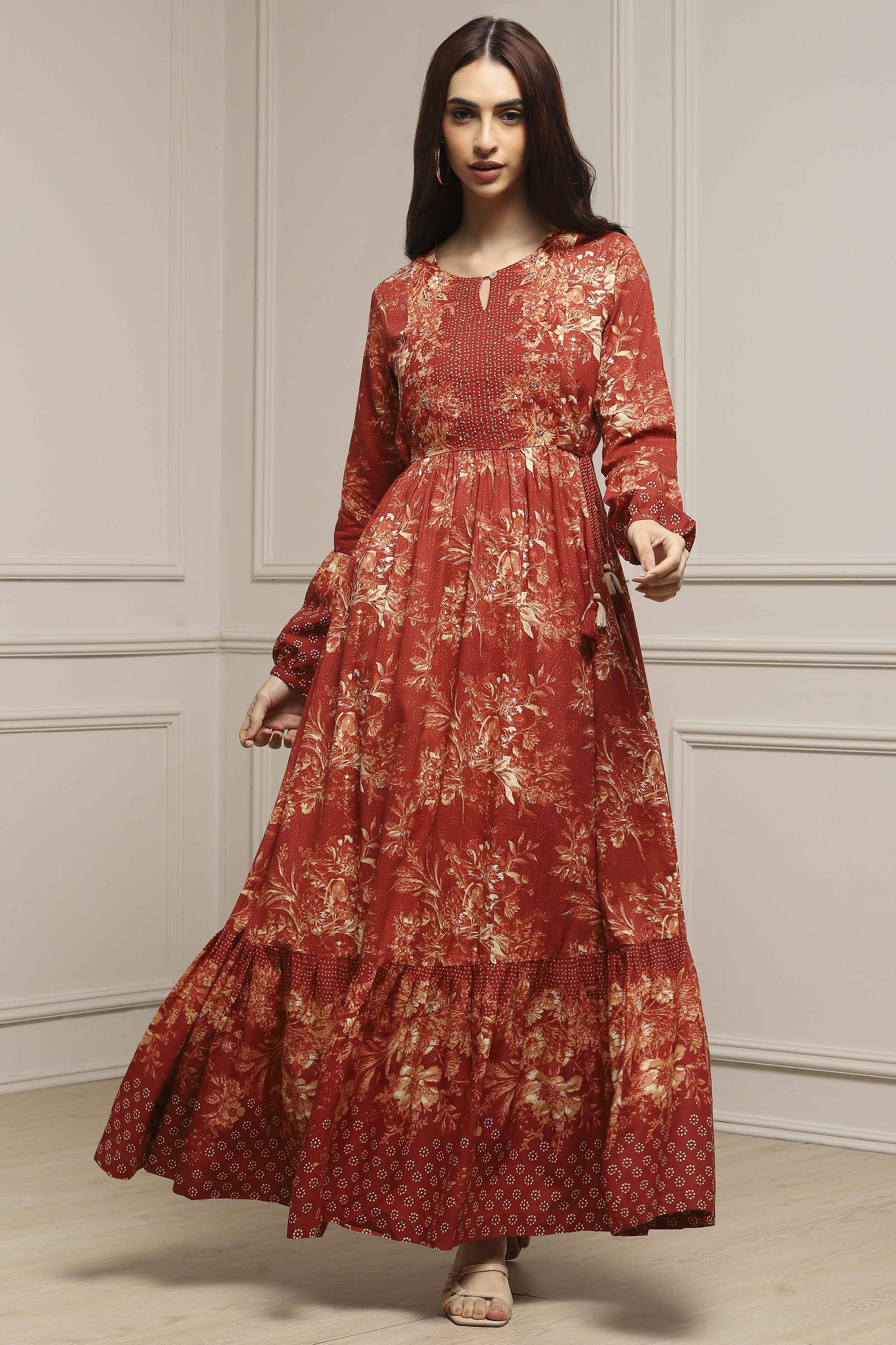 Rust Floral Printed Tiered Flared Dress image number 5