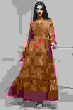 Rust Floral Printed Tiered Flared Dress image number 5