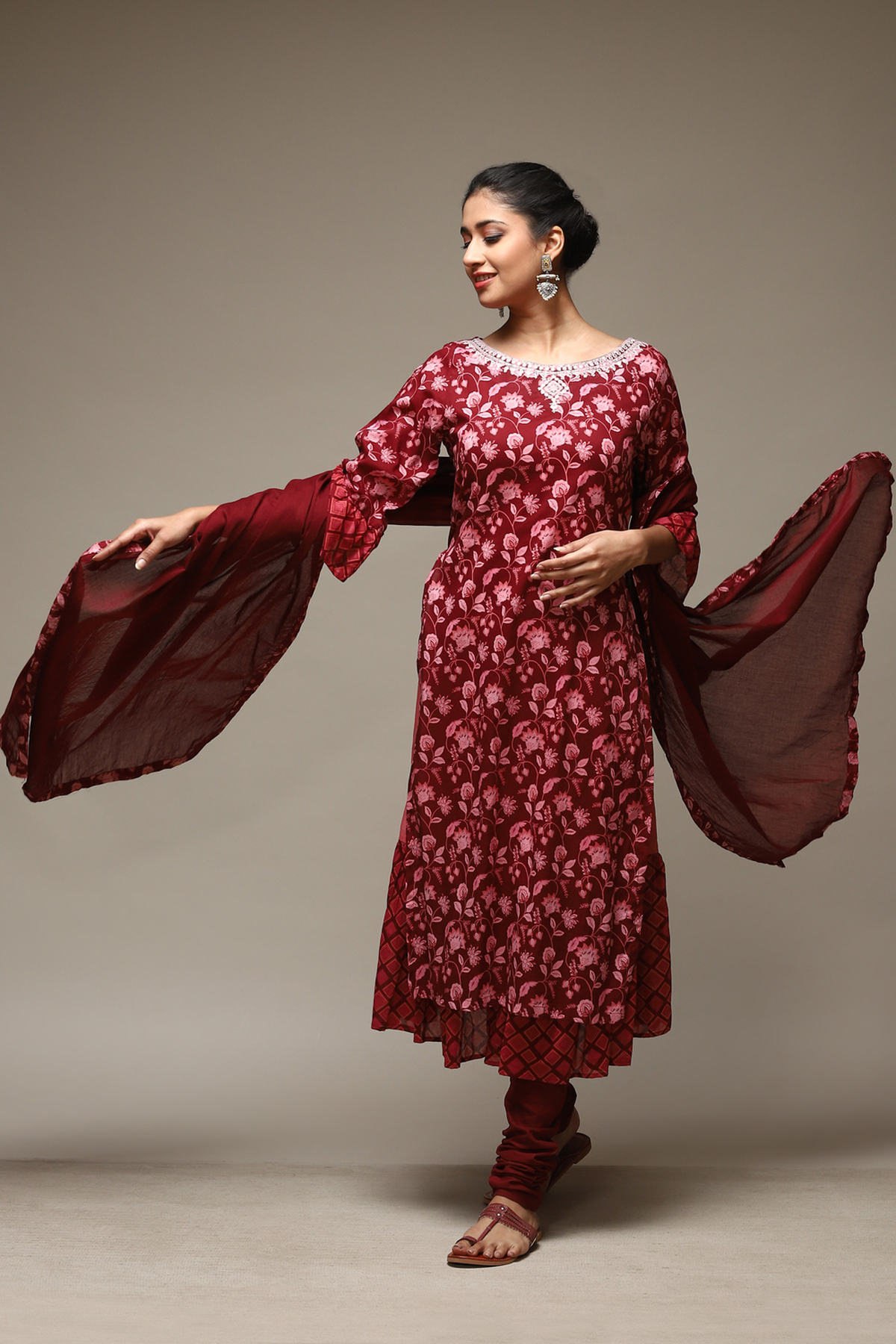 Maroon Cotton Layered Kurta Churidar Suit Set