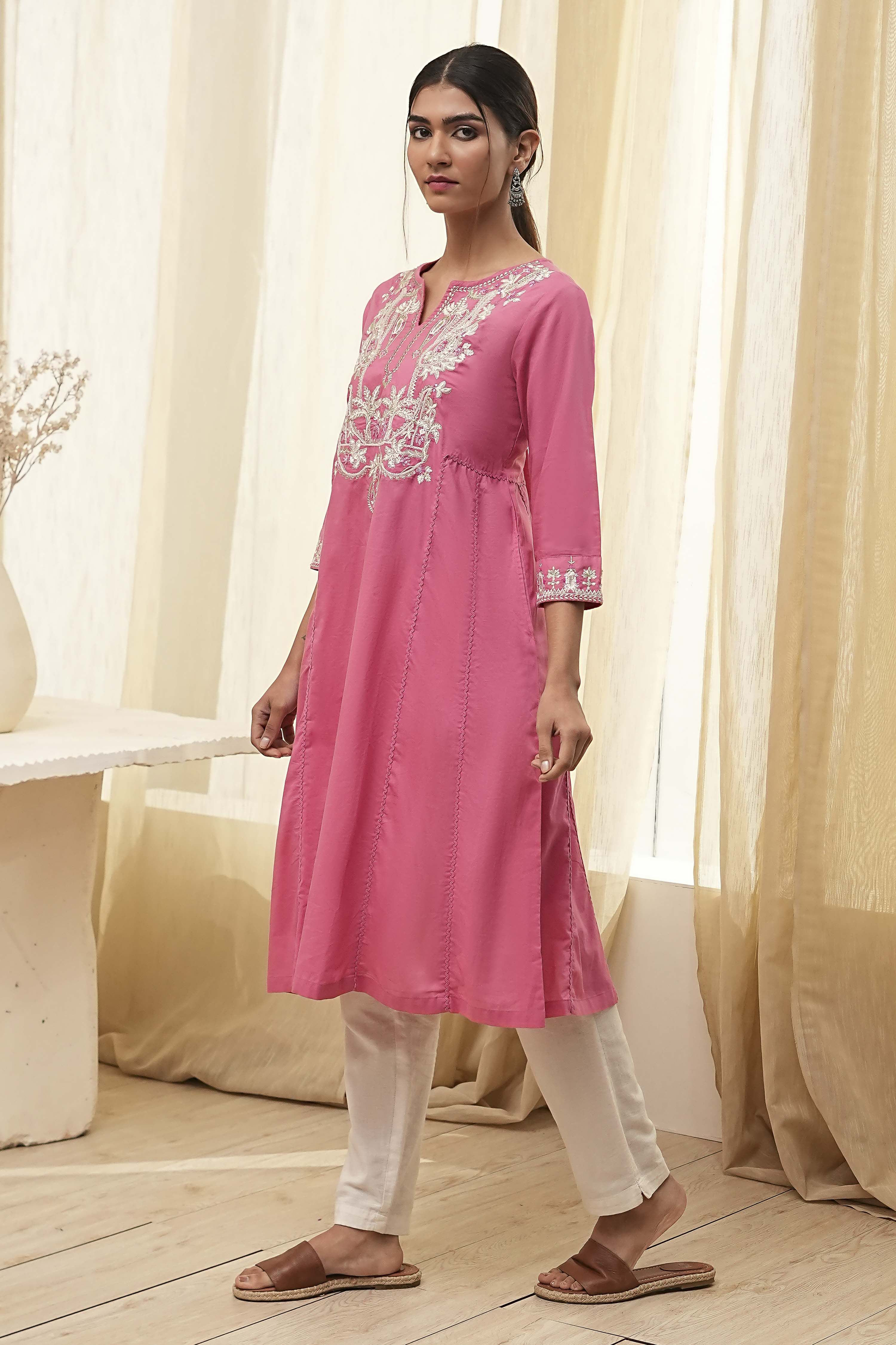 Pink Cotton Embroidered A-Line Kurta image number 2