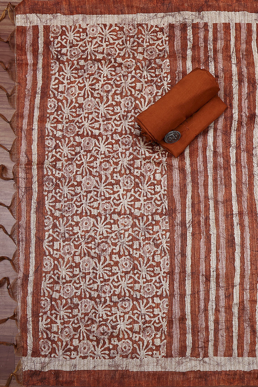 Rust Silk Blend Printed Unstitched Suit Set image number 3