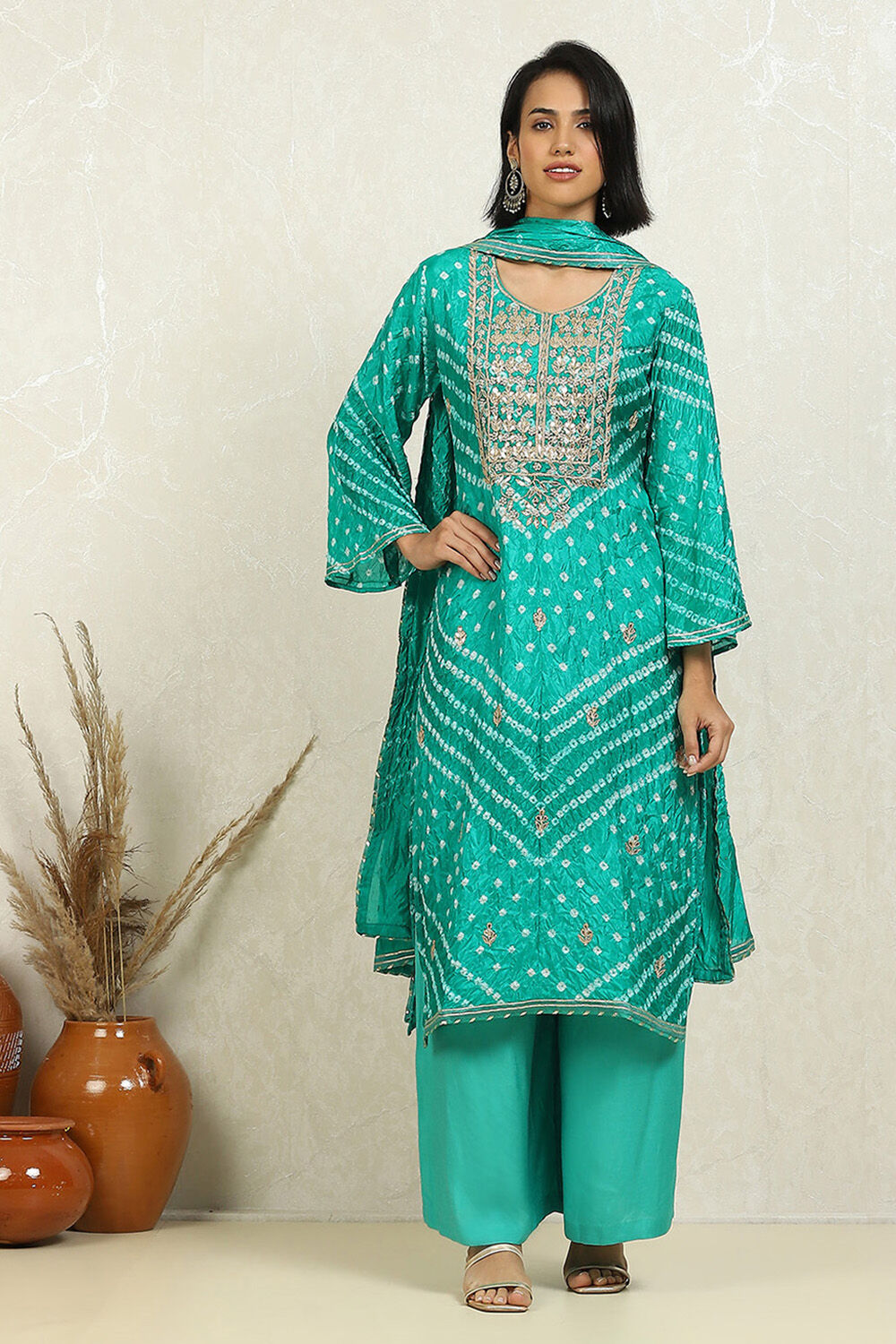 Orange Silk Blend Bandhej Crinkled Unstitched Suit Set image number 1